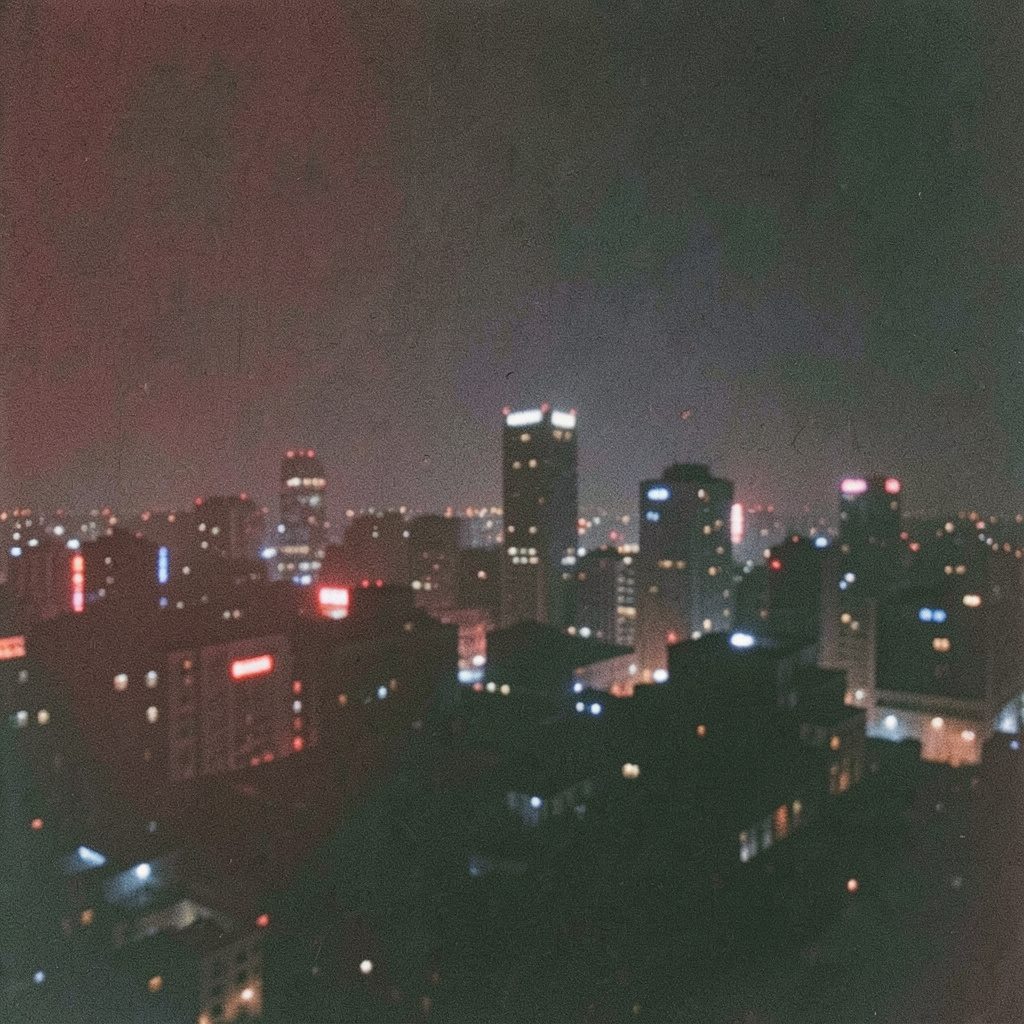 A grainy analog film photograph of a dark city skyline at night with red and blue neon reflections, action-movie atmosphere