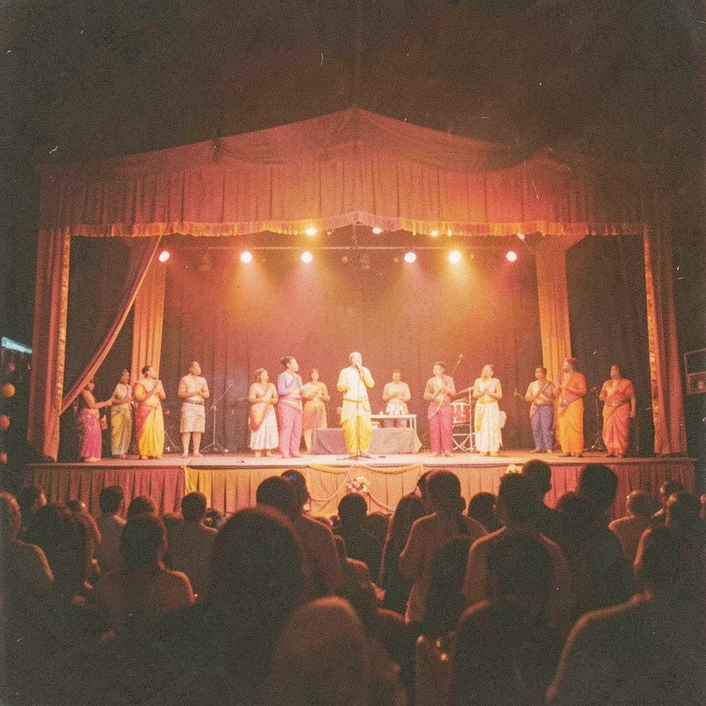 A grainy analog film photograph of a colorful Bhojpuri folk performance stage with warm orange and red lighting, festive atmosphere