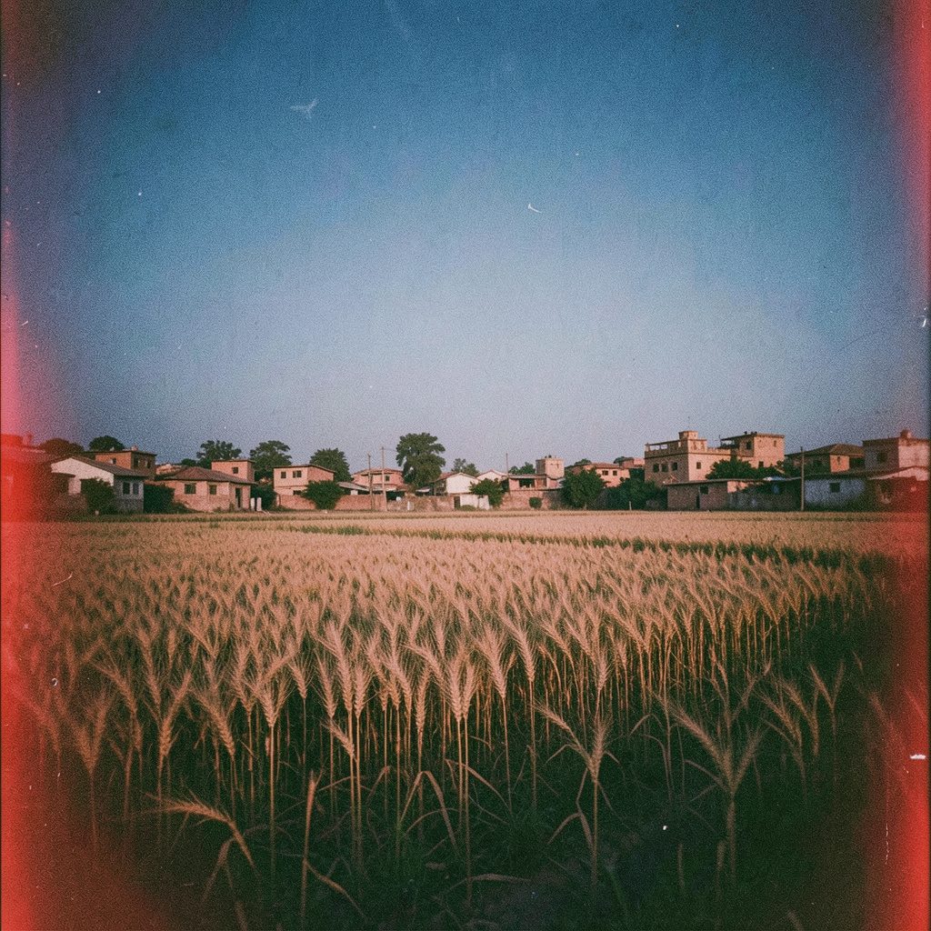 A grainy analog film photograph of a Punjabi village scene at dusk with golden wheat fields and deep blue sky, cinematic wide shot