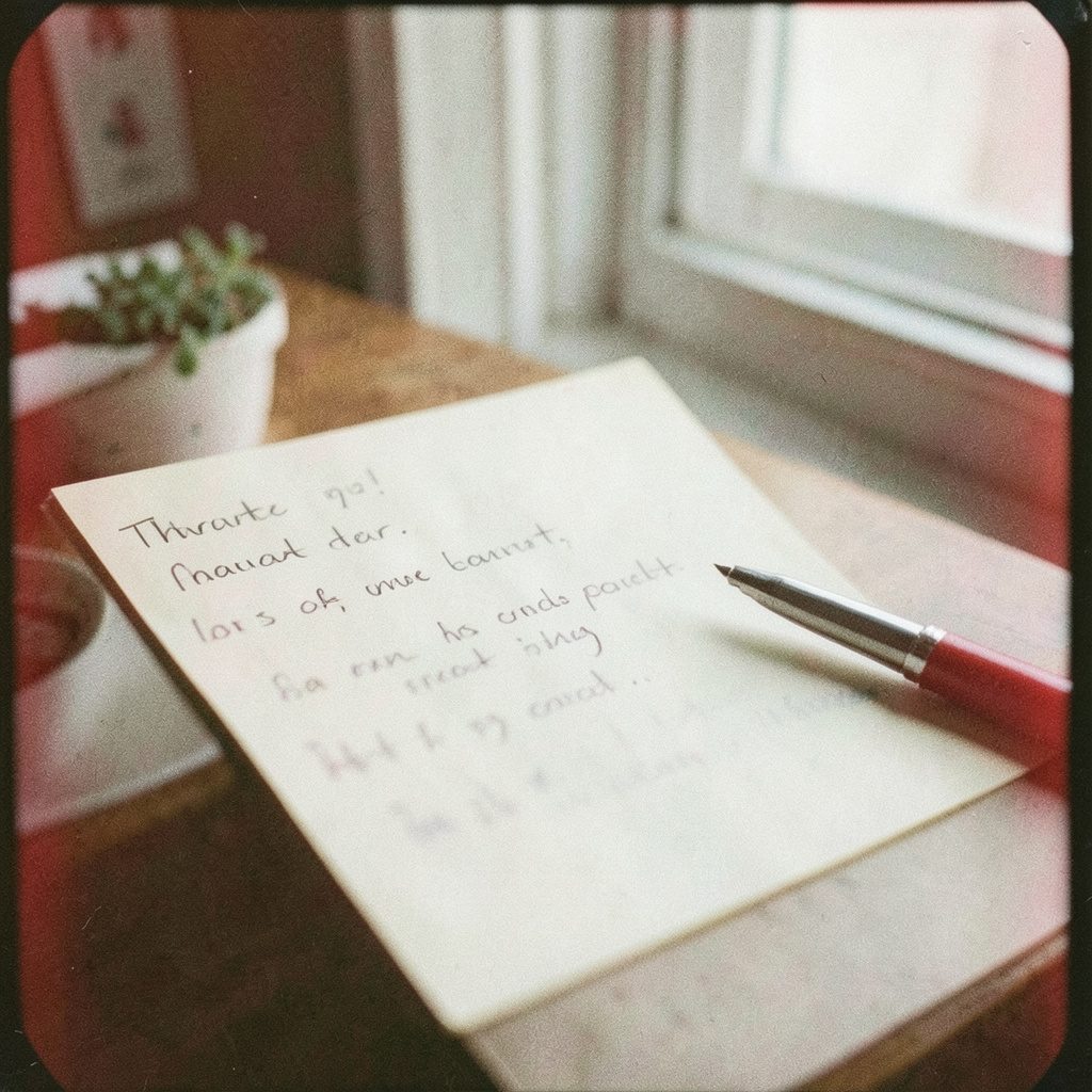 A grainy analog film photograph of handwritten notes on cream paper with a pen, soft window light, calm and personal mood